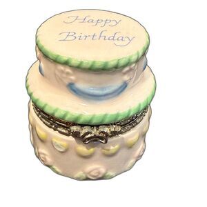 Vintage Hallmark Porcelain Trinket Box Pink Happy Birthday Cake Hinged